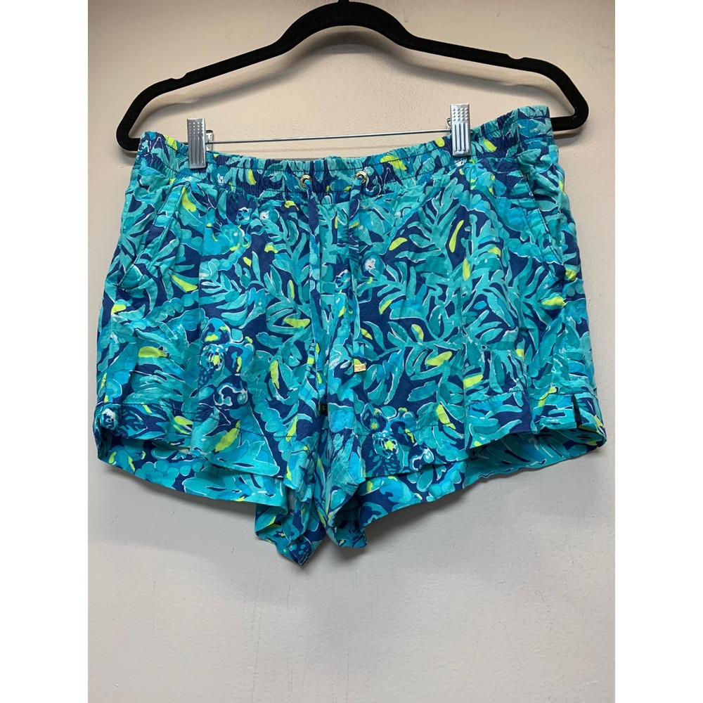 Lilly Pulitzer Shorts Womens Medium Blue Green Excellent Tropical Rayon Pockets